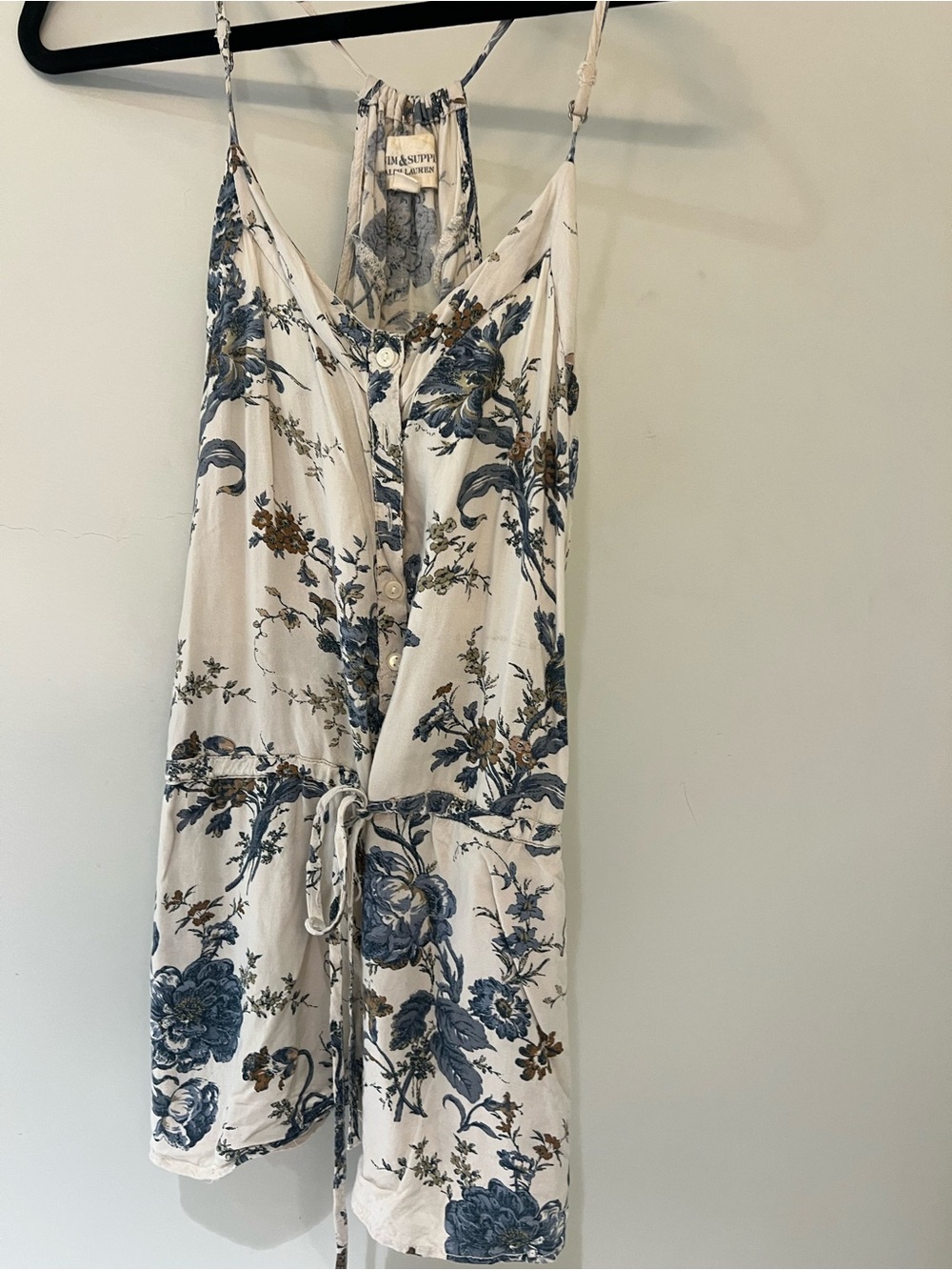 Ralph Lauren Denim & Supply Floral Button-Front Romper with Blue & Brown Accent